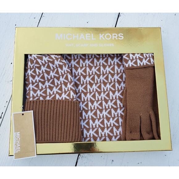 MICHAEL KORS Women's Camel Brown Beanie Hat / Scarf / Glove 3 Pc Set NEW - Picture 1 of 11